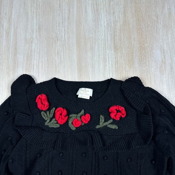 Kate Spade Black Poppy Rose Embroidered Bobble Detail Bell Cuff Sweater Medium - Picture 2 of 13